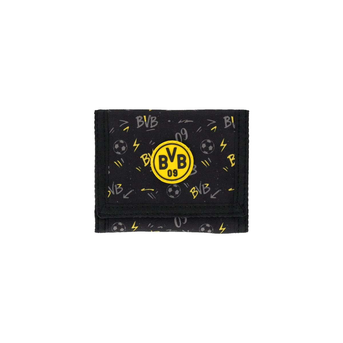 Schwarzgelber BVB-Geldbeutel für Kinder mit Allover-Print und offiziellem BVB-Logo sowie Fußballmotiv.
