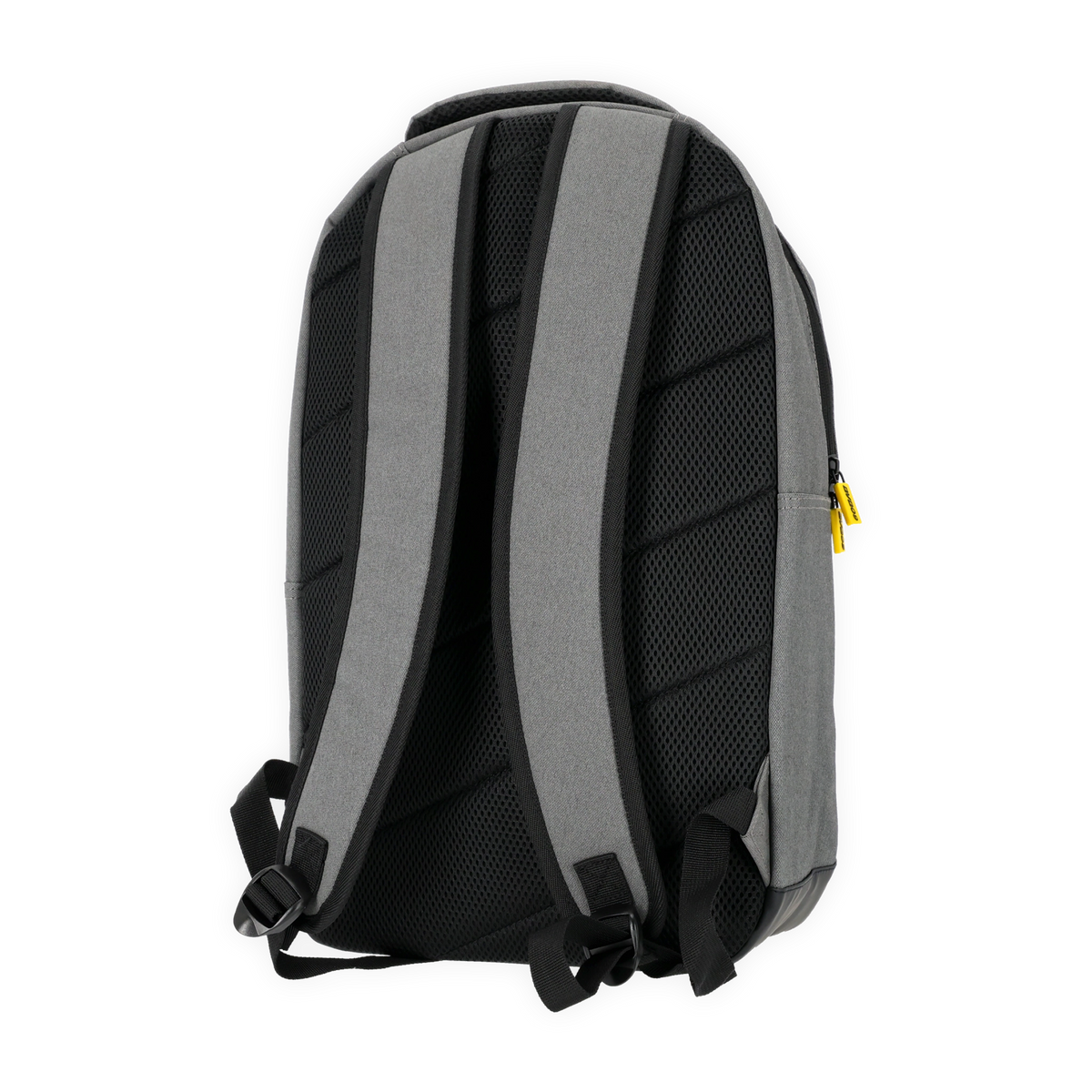 Rückansicht eines grauen und schwarzen BVB-Rucksacks mit gepolsterten Trägern und gelben Zippern als Fanartikel von Borussia Dortmund.