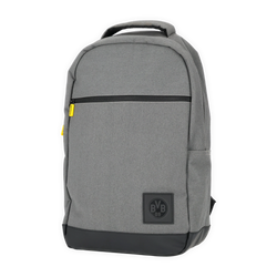 Grauer BVB-Rucksack mit schwarzem Boden, gelben Details und aufgenähtem BVB 09-Logo, Vorderansicht.