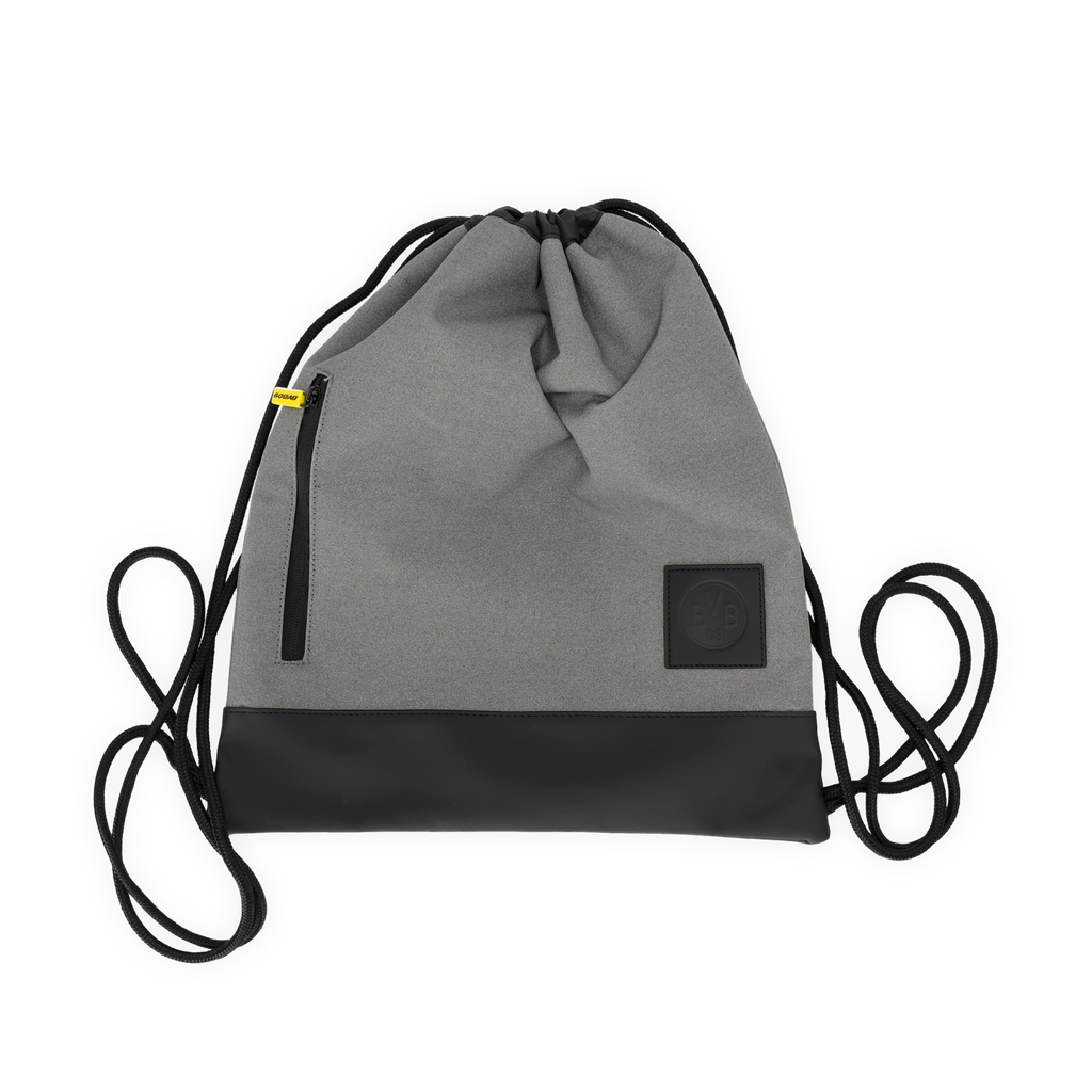 Gray Borussia Dortmund gym bag with a black drawstring, reflective design, and the BVB logo on the front—a fan item.