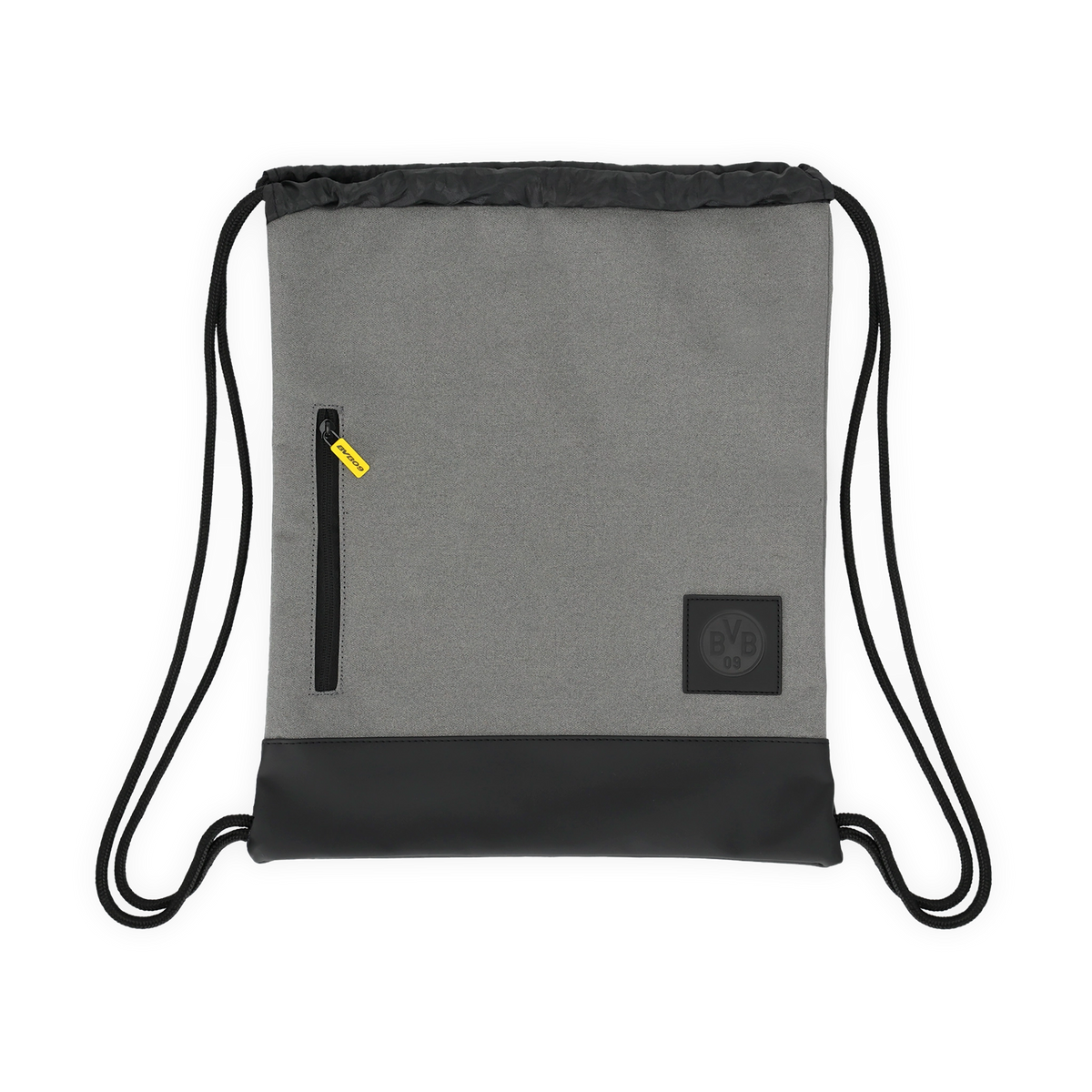 Borsa da ginnastica grigia del Borussia Dortmund con fondo nero, stemma del BVB e tasca laterale con cerniera, ideale per i tifosi.