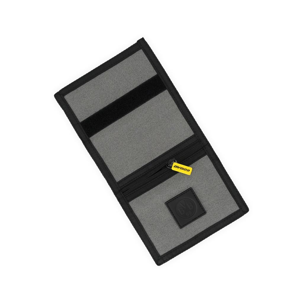 Schwarzgraue BVB-Geldbörse mit reflektierendem Design, BVB-Emblem und gelbem Reißverschlussanhänger.