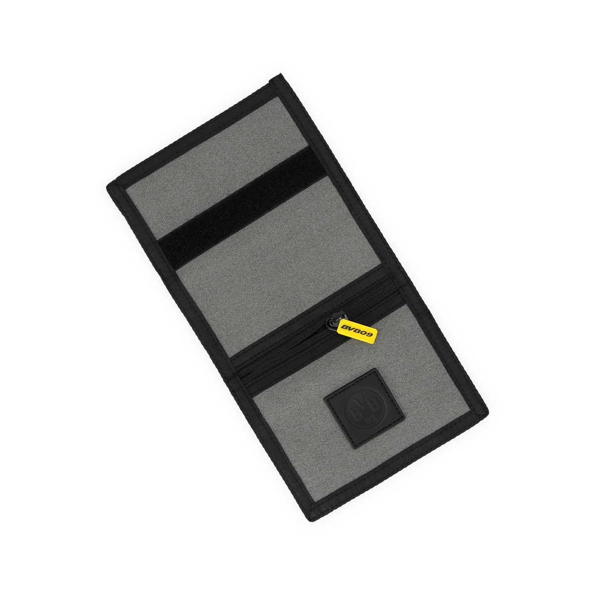 Schwarzgraue BVB-Geldbörse mit reflektierendem Design, BVB-Emblem und gelbem Reißverschlussanhänger.