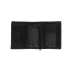 Geöffnete schwarze BVB-Geldbörse mit reflektierendem Material, mehreren Fächern und Reißverschluss, geeignet als praktisches Accessoire für Fans.