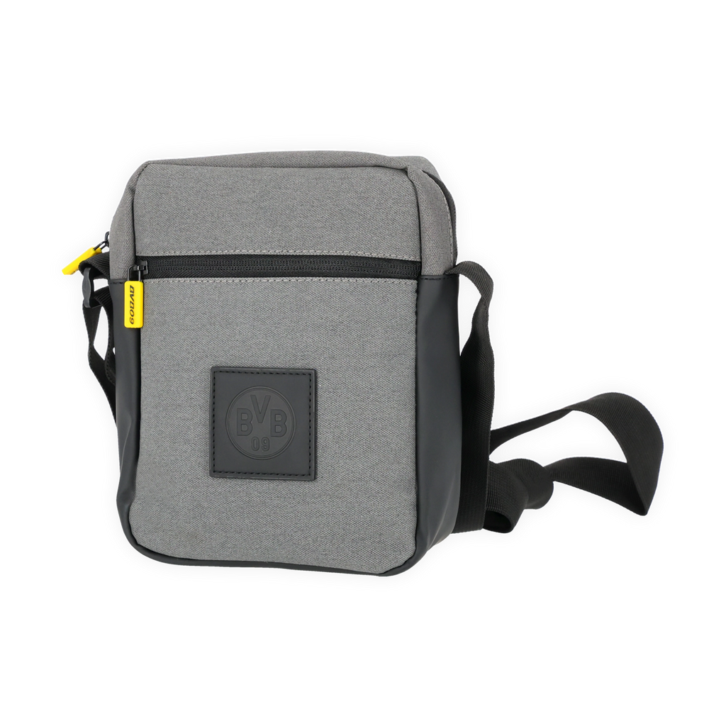 Grau-schwarze BVB-Schultertasche mit BVB-Logo und auffälligem gelbem Reißverschlussanhänger, Frontansicht.