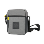 Grau-schwarze BVB-Schultertasche mit BVB-Logo und auffälligem gelbem Reißverschlussanhänger, Frontansicht.