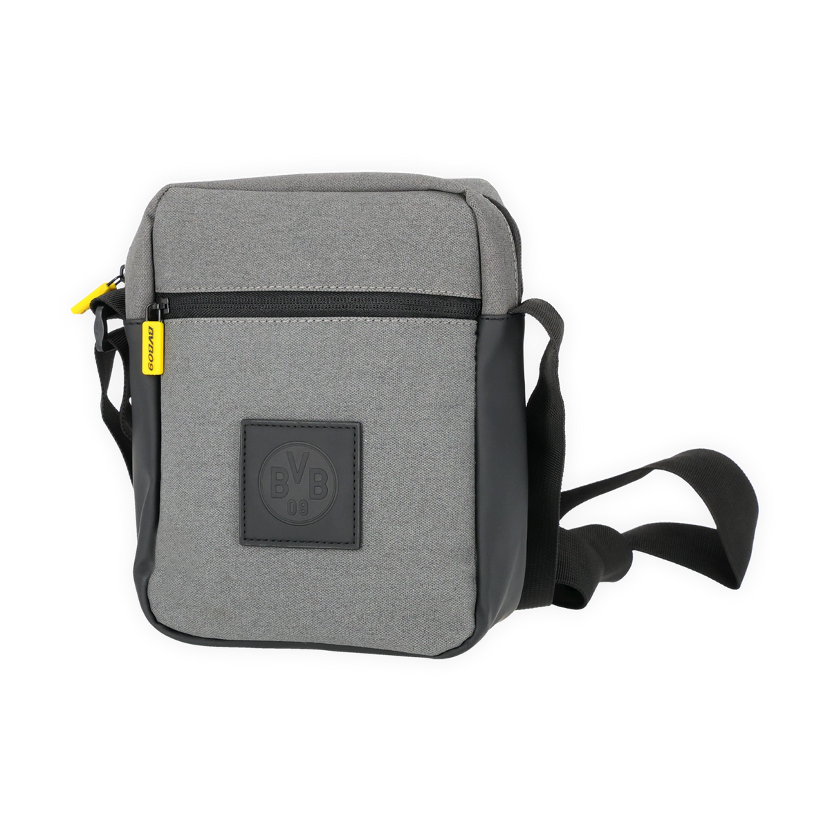 Grau-schwarze BVB-Schultertasche mit BVB-Logo und auffälligem gelbem Reißverschlussanhänger, Frontansicht.