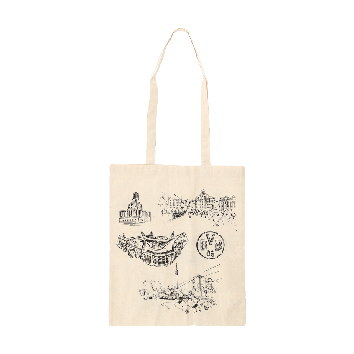 Beige BVB jute bag featuring minimalist black illustrations of SIGNAL IDUNA PARK, the BVB logo, and other Dortmund landmarks.