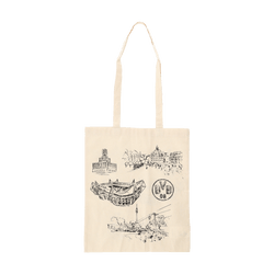 Sustainable BVB jute bag with a minimalist design and black-and-yellow illustrations, including the stadium and well-known landmarks in Dortmund.
