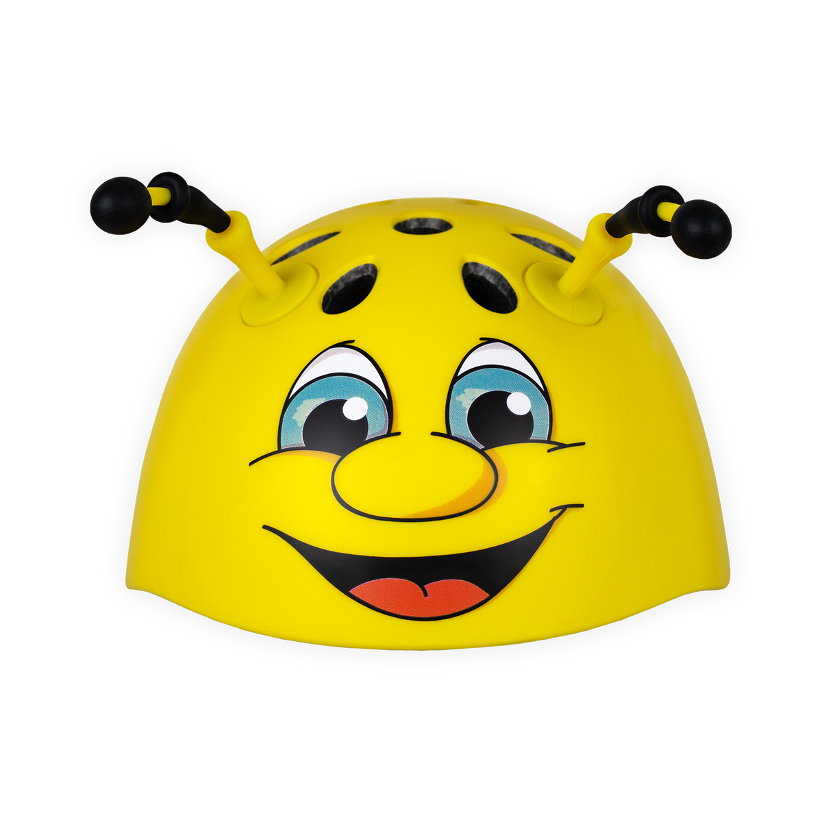 BVB-Kinderhelm von Hudora in gelb mit lustigem Bienengesicht und schwarzen Antennen, idealer Schutzhelm für junge Borussia Dortmund-Fans.