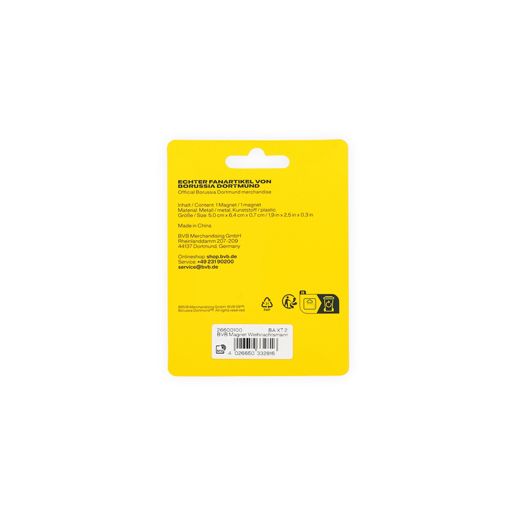 Rückseite der gelben Verpackung eines BVB-Magneten in Form eines Weihnachtsmanns mit Produktinformationen, hergestellt aus Metall und Kunststoff, für Fans von Borussia Dortmund.