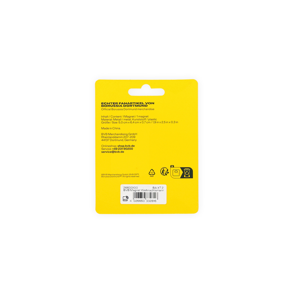 Rückseite der gelben Verpackung eines BVB-Magneten in Form eines Weihnachtsmanns mit Produktinformationen, hergestellt aus Metall und Kunststoff, für Fans von Borussia Dortmund.
