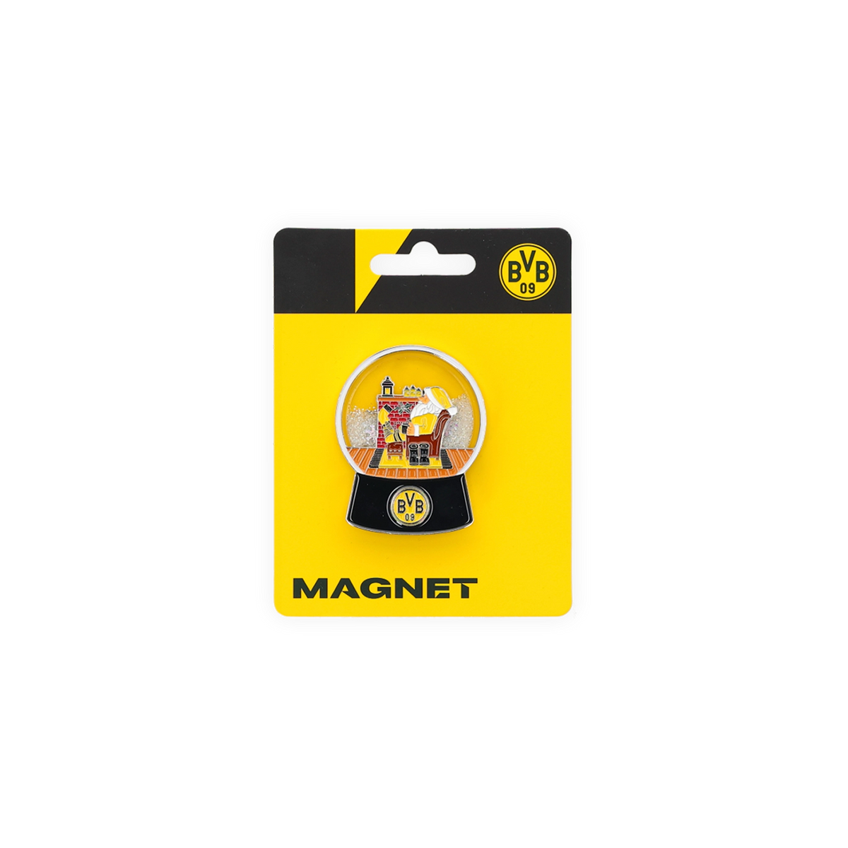 BVB-Magnet in Form einer Schneekugel mit schwarzgelbem Design, SIGNAL IDUNA PARK-Illustration und Fanartikelverpackung, Vorderansicht