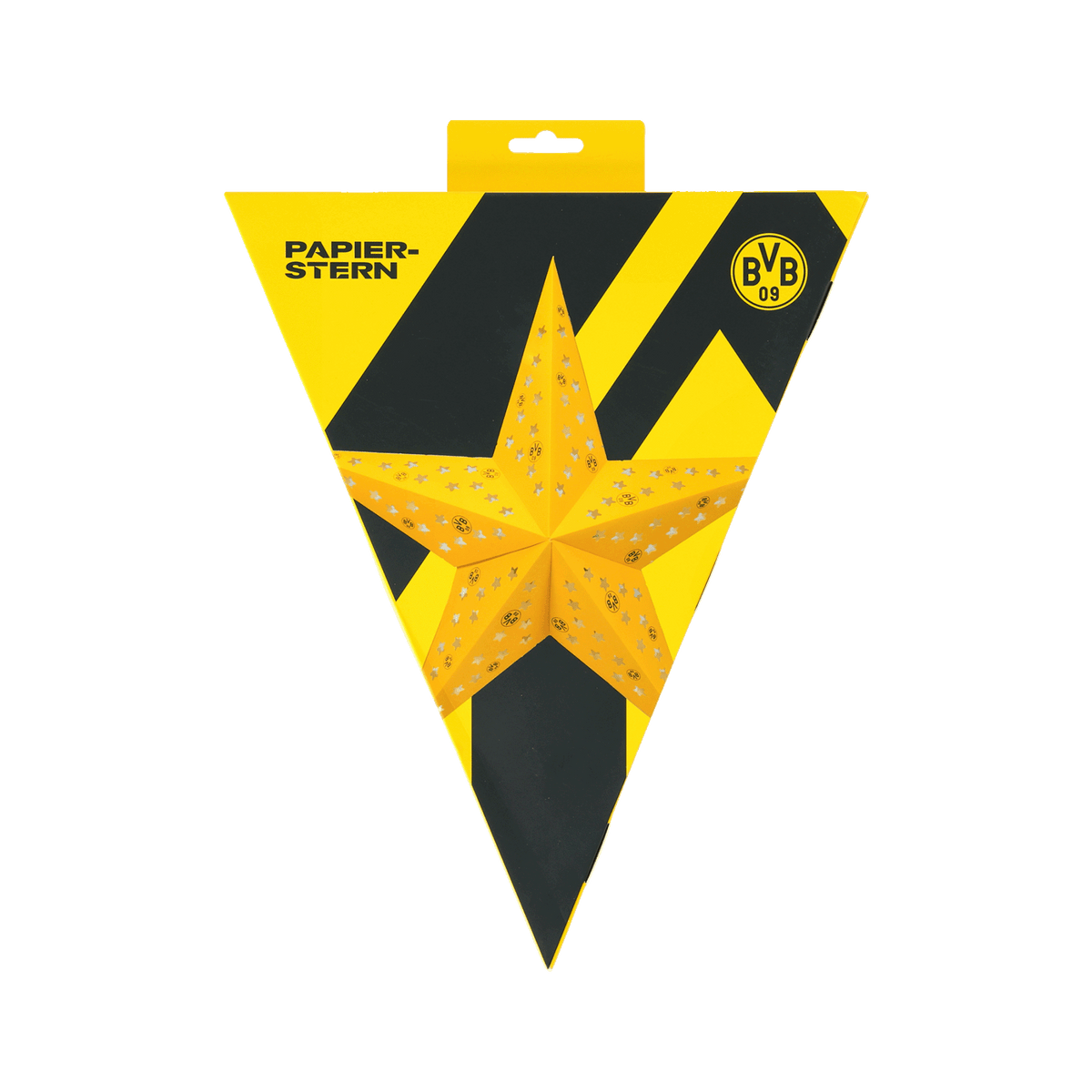 Schwarzgelber BVB-Papierstern in einer dreieckigen Verpackung mit BVB-Logo und Schriftzug, ideal als Dekoration und Fanartikel.