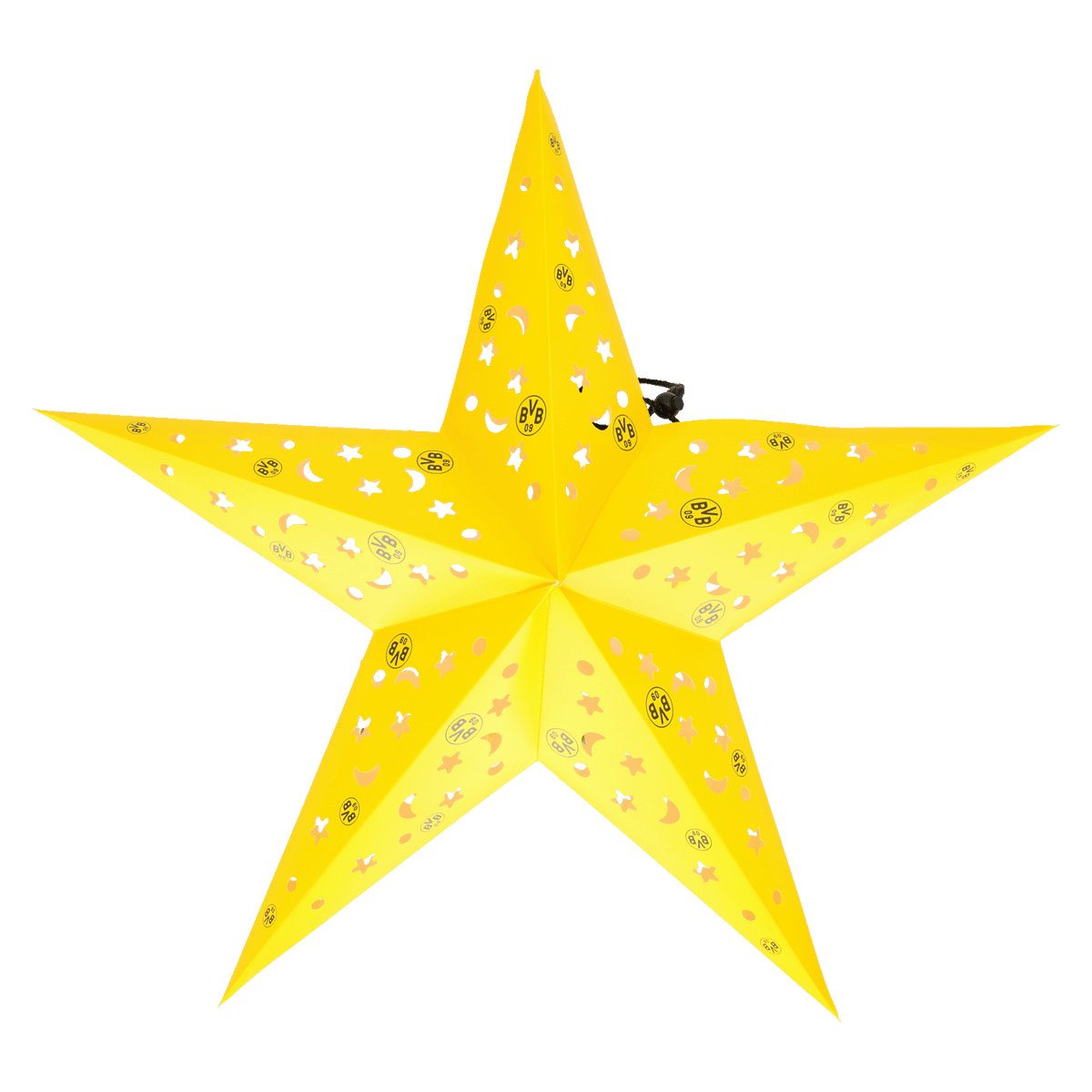 Gelber Papierstern mit BVB-Logos und schwarzgelbem Design als weihnachtliche Dekoration für Fans von Borussia Dortmund.