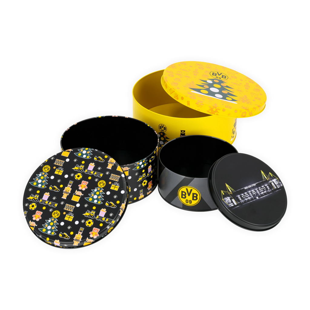 Set di 3 scatole per biscotti del BVB nei colori nero e giallo, con il logo del BVB, un motivo natalizio e l'immagine del SIGNAL IDUNA PARK.