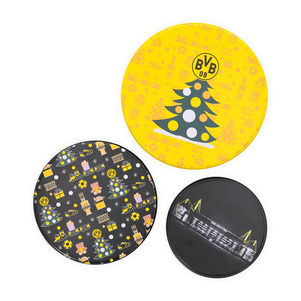The BVB cookie jar set, featuring three round jars in a black-and-yellow design: Christmas tree, SIGNAL IDUNA PARK, and gift motifs—perfect for Borussia Dortmund fans.