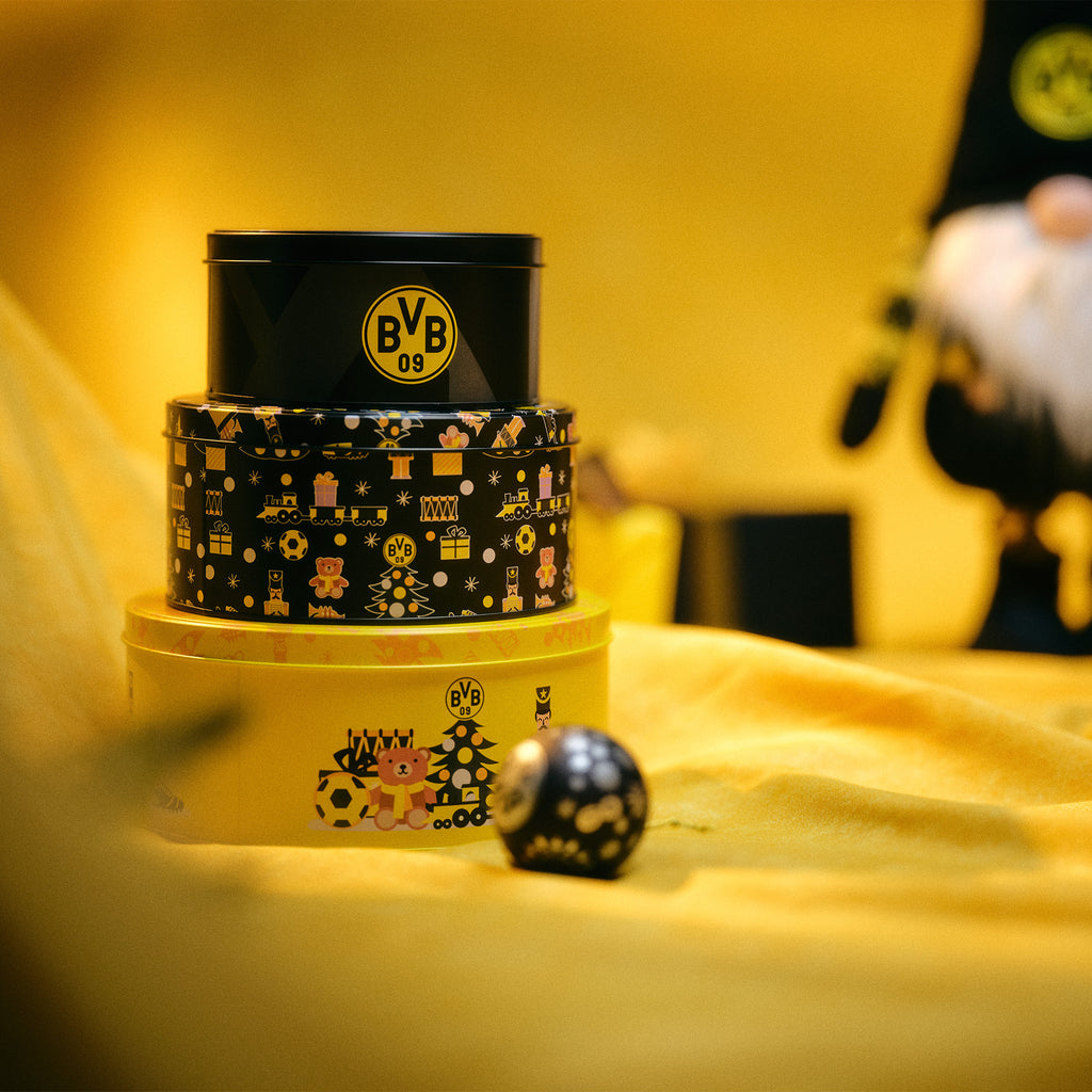 BVB Keksdose 3er Set im schwarzgelben Design mit Weihnachtsmotiven, ideal für Fans von Borussia Dortmund.