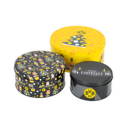 Set aus drei BVB-Keksdosen mit weihnachtlichem Design in gelb, schwarz und schwarzgelb, ideal für Fans von Borussia Dortmund zur Aufbewahrung von Gebäck oder als Dekoration.