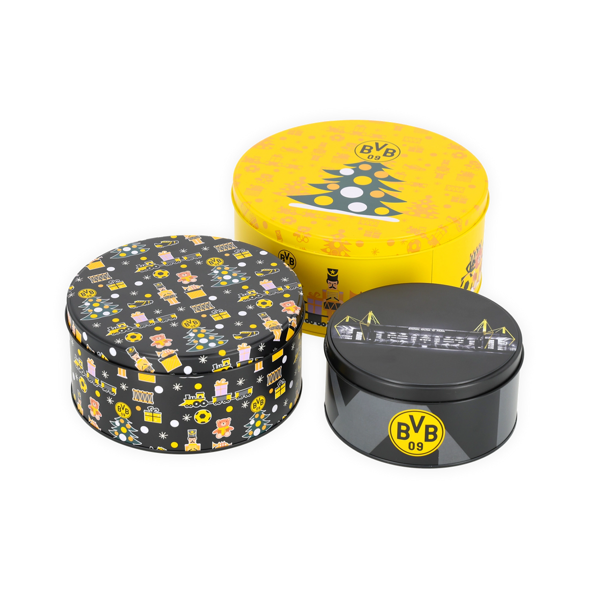 Set aus drei BVB-Keksdosen mit weihnachtlichem Design in gelb, schwarz und schwarzgelb, ideal für Fans von Borussia Dortmund zur Aufbewahrung von Gebäck oder als Dekoration.