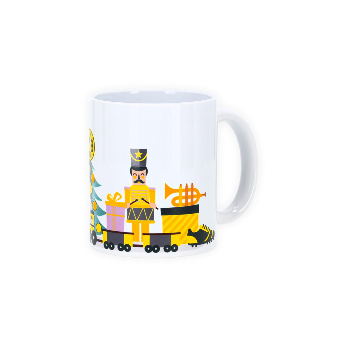 Weiße Tasse mit Borussia Dortmund Weihnachtsmotiv, darunter ein Spielzeugsoldat, ein Weihnachtsbaum und weitere weihnachtliche Symbole in schwarzgelb.