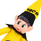 Plüschfigur eines schwarzgelben BVB-Elfen mit spitzem Hut und aufgesticktem Logo, Fanartikel für Borussia Dortmund Fans.