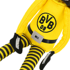 Schwarzgelbes Plüschtier mit BVB-Logo und gestreiften Beinen, ideal als Fanartikel oder Spielzeug.