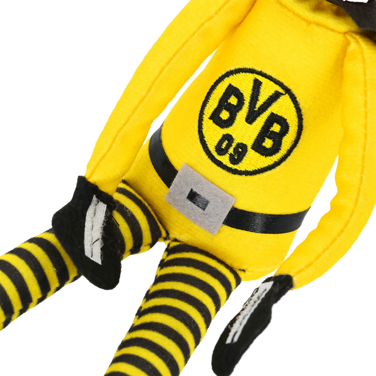 Schwarzgelbes Plüschtier mit BVB-Logo und gestreiften Beinen, ideal als Fanartikel oder Spielzeug.