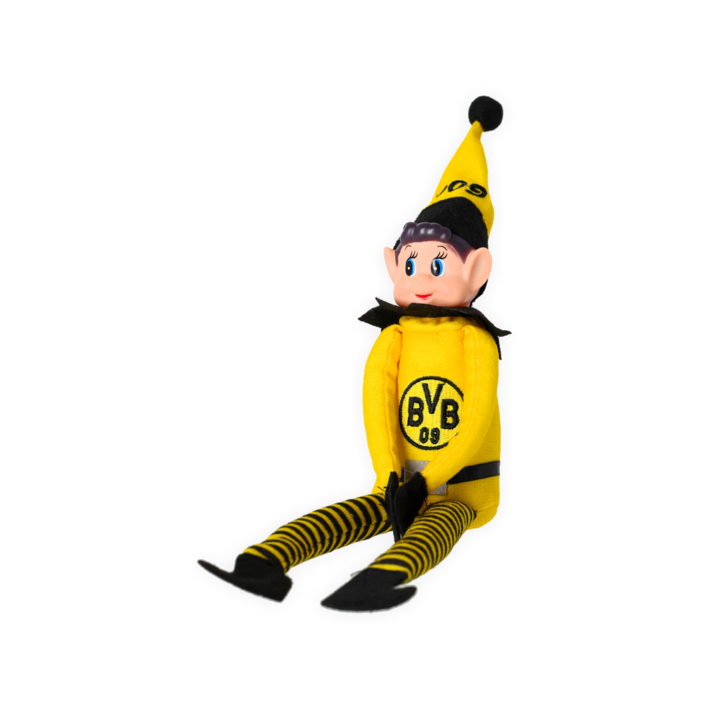 Stoffpuppe in Form eines BVB-Maskottchens mit schwarzgelber Kleidung und BVB-Logo auf der Brust als Fanartikel für Borussia Dortmund.