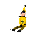 Stoffpuppe in Form eines BVB-Maskottchens mit schwarzgelber Kleidung und BVB-Logo auf der Brust als Fanartikel für Borussia Dortmund.