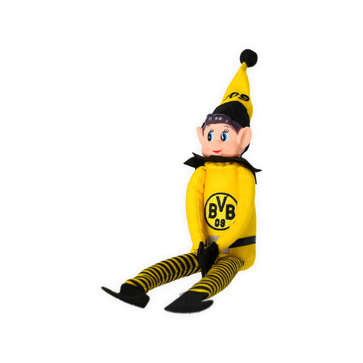 Stoffpuppe in Form eines BVB-Maskottchens mit schwarzgelber Kleidung und BVB-Logo auf der Brust als Fanartikel für Borussia Dortmund.
