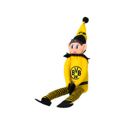 Stoffpuppe in Form eines BVB-Maskottchens mit schwarzgelber Kleidung und BVB-Logo auf der Brust als Fanartikel für Borussia Dortmund.