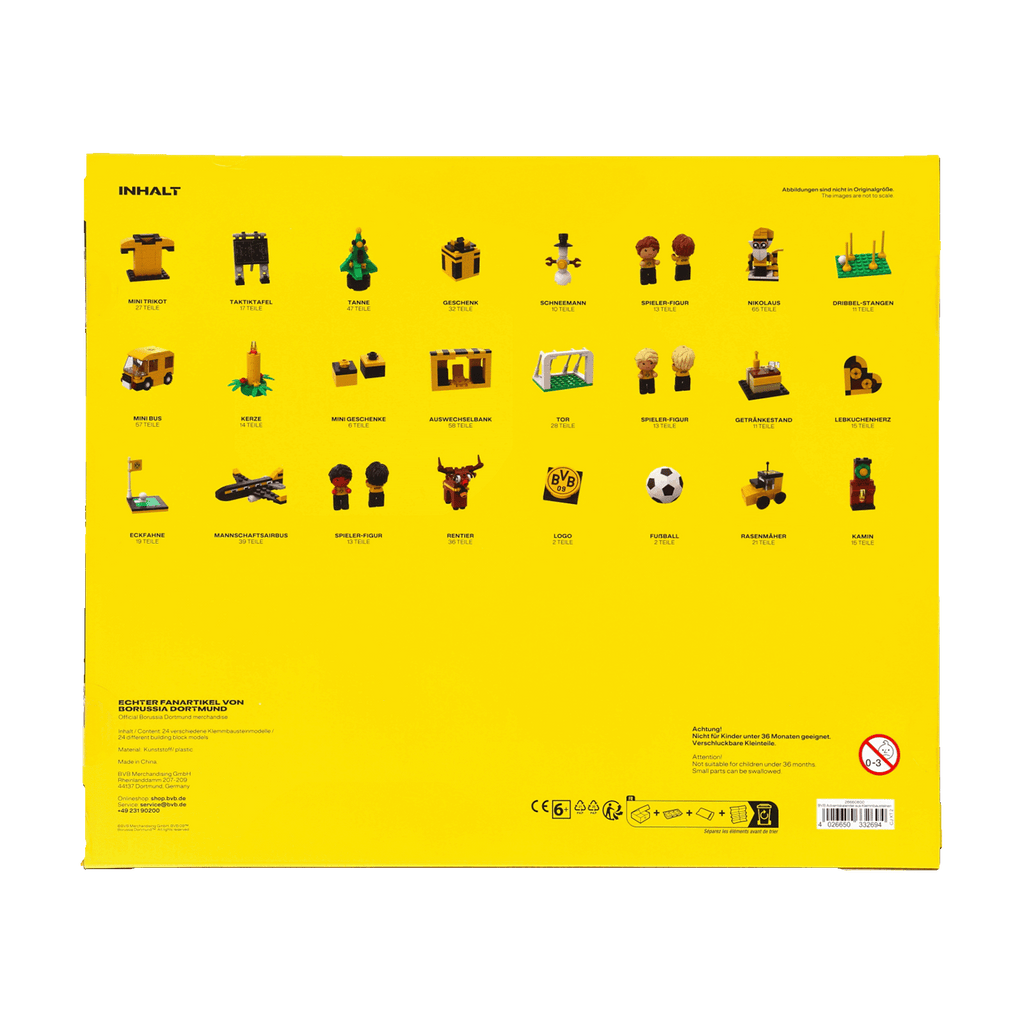 Die Rückseite eines schwarzgelben Borussia Dortmund Adventskalenders mit Abbildungen und Beschreibungen der enthaltenen Miniatur-Geschenke für Fans.