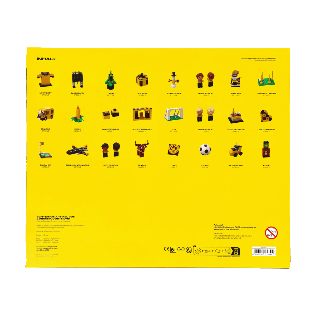 Die Rückseite eines schwarzgelben Borussia Dortmund Adventskalenders mit Abbildungen und Beschreibungen der enthaltenen Miniatur-Geschenke für Fans.