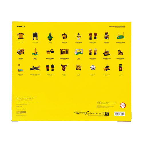 Die Rückseite eines schwarzgelben Borussia Dortmund Adventskalenders mit Abbildungen und Beschreibungen der enthaltenen Miniatur-Geschenke für Fans.