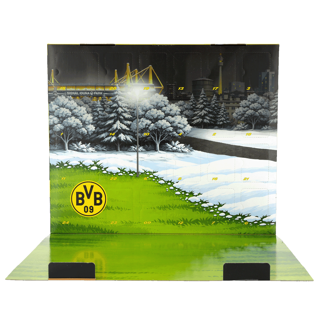 BVB-Adventskalender mit einer Winterlandschaft und dem SIGNAL IDUNA PARK im Hintergrund, ideal für Borussia Dortmund Fans.