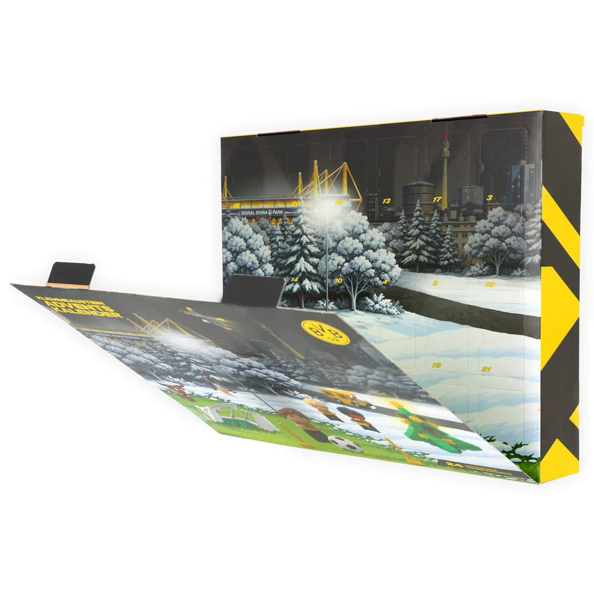 Geöffneter BVB-Adventskalender in schwarzgelbem Design mit Abbildung des SIGNAL IDUNA PARK und einer verschneiten Winterlandschaft, ideal als Weihnachtsgeschenk für Fans.