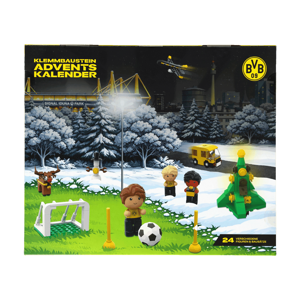 BVB Adventskalender mit Klemmbausteinen, SIGNAL IDUNA PARK, schwarzgelben Miniaturfiguren und winterlichem Fußballerlebnis für Kinder und Fans.