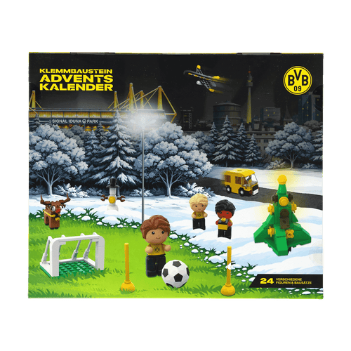 Calendario de Adviento de piezas encajables del BVB con 24 figuras y kits de montaje diferentes. SIGNAL IDUNA PARK, escena invernal con árbol de Navidad, figuras en miniatura y portería de fútbol.