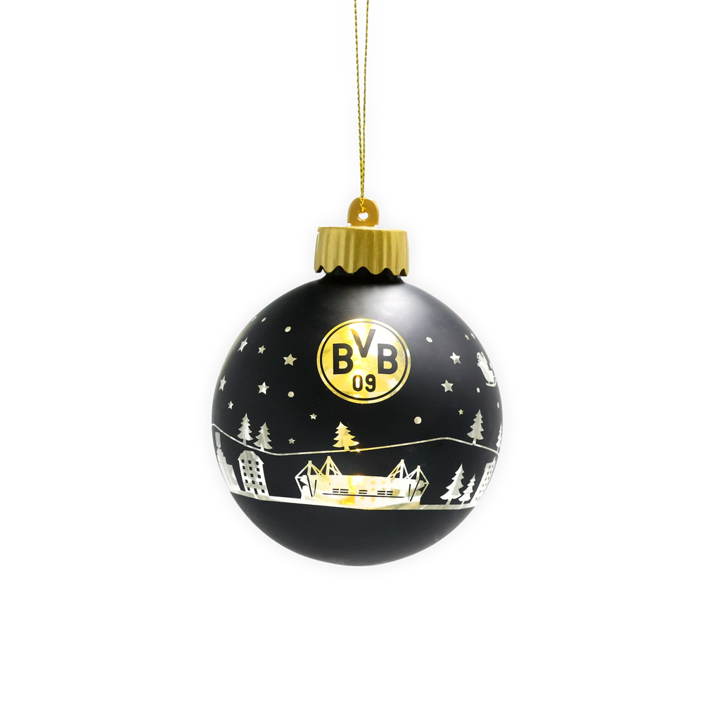 Schwarze BVB-Christbaumkugel mit LED-Beleuchtung, goldfarbenem BVB-Logo und winterlichen Motiven, ideal für den Weihnachtsbaum dekoriert.