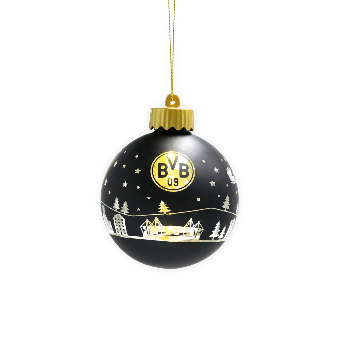 Schwarze BVB-Christbaumkugel mit LED-Beleuchtung, goldfarbenem BVB-Logo und winterlichen Motiven, ideal für den Weihnachtsbaum dekoriert.