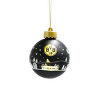 Schwarze BVB-Christbaumkugel mit LED-Beleuchtung, goldfarbenem BVB-Logo und winterlichen Motiven, ideal für den Weihnachtsbaum dekoriert.