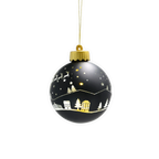 Schwarze BVB-Weihnachtskugel mit goldener Aufhängung, beleuchtet mit LED und weihnachtlichen Motiven wie Tannen, Sternen und Häusern.