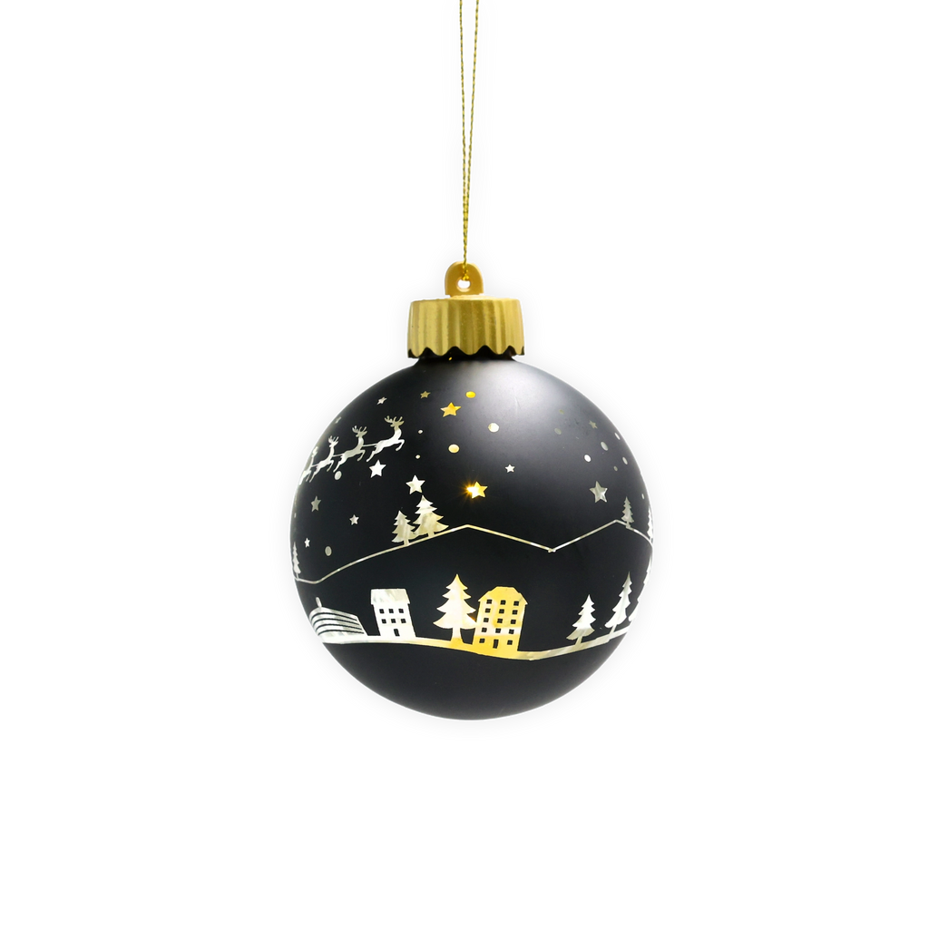 Schwarze BVB-Weihnachtskugel mit goldener Aufhängung, beleuchtet mit LED und weihnachtlichen Motiven wie Tannen, Sternen und Häusern.