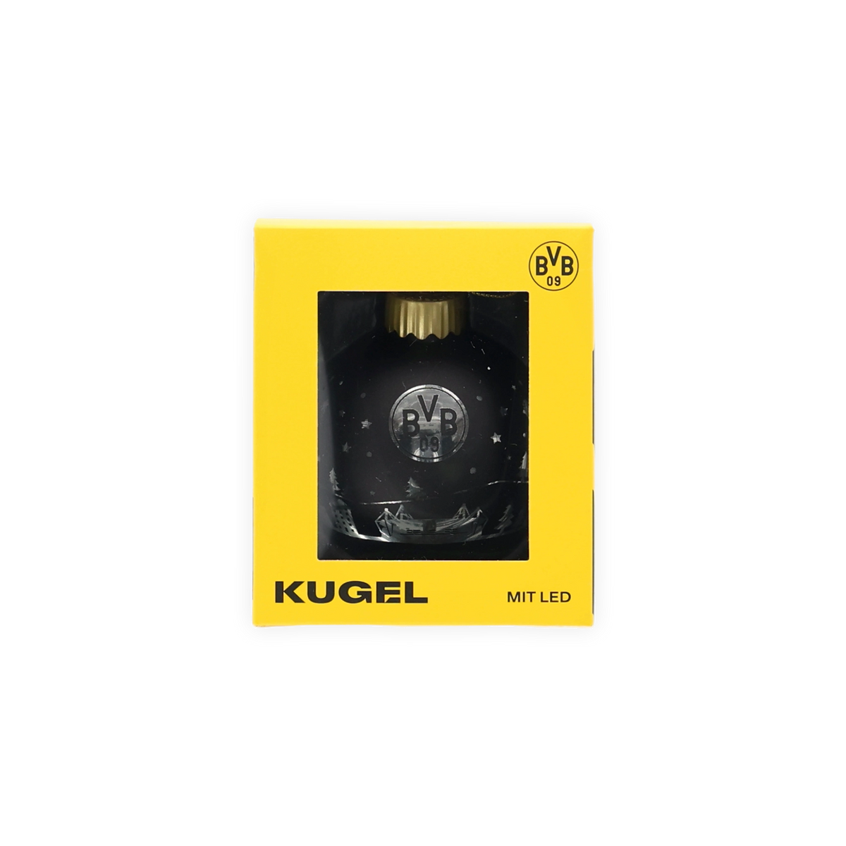 Schwarzgelbe Weihnachtskugel des BVB mit LED-Beleuchtung, verziert mit BVB-Logo, Sternen und einer Abbildung des SIGNAL IDUNA PARKs.