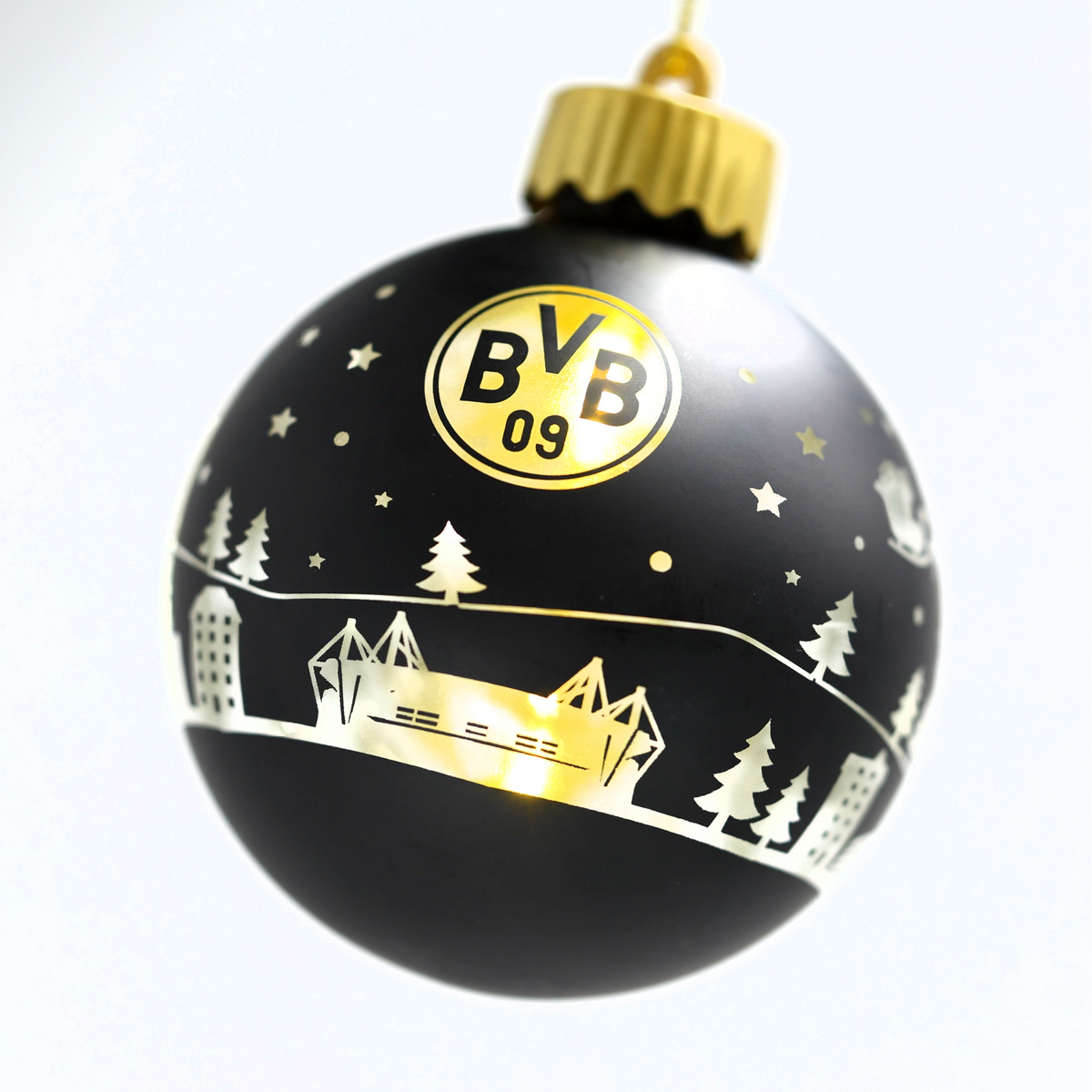 Schwarzgelbe Weihnachtskugel des BVB mit LED-Beleuchtung, verziert mit BVB-Logo, Sternen und einer Abbildung des SIGNAL IDUNA PARKs.