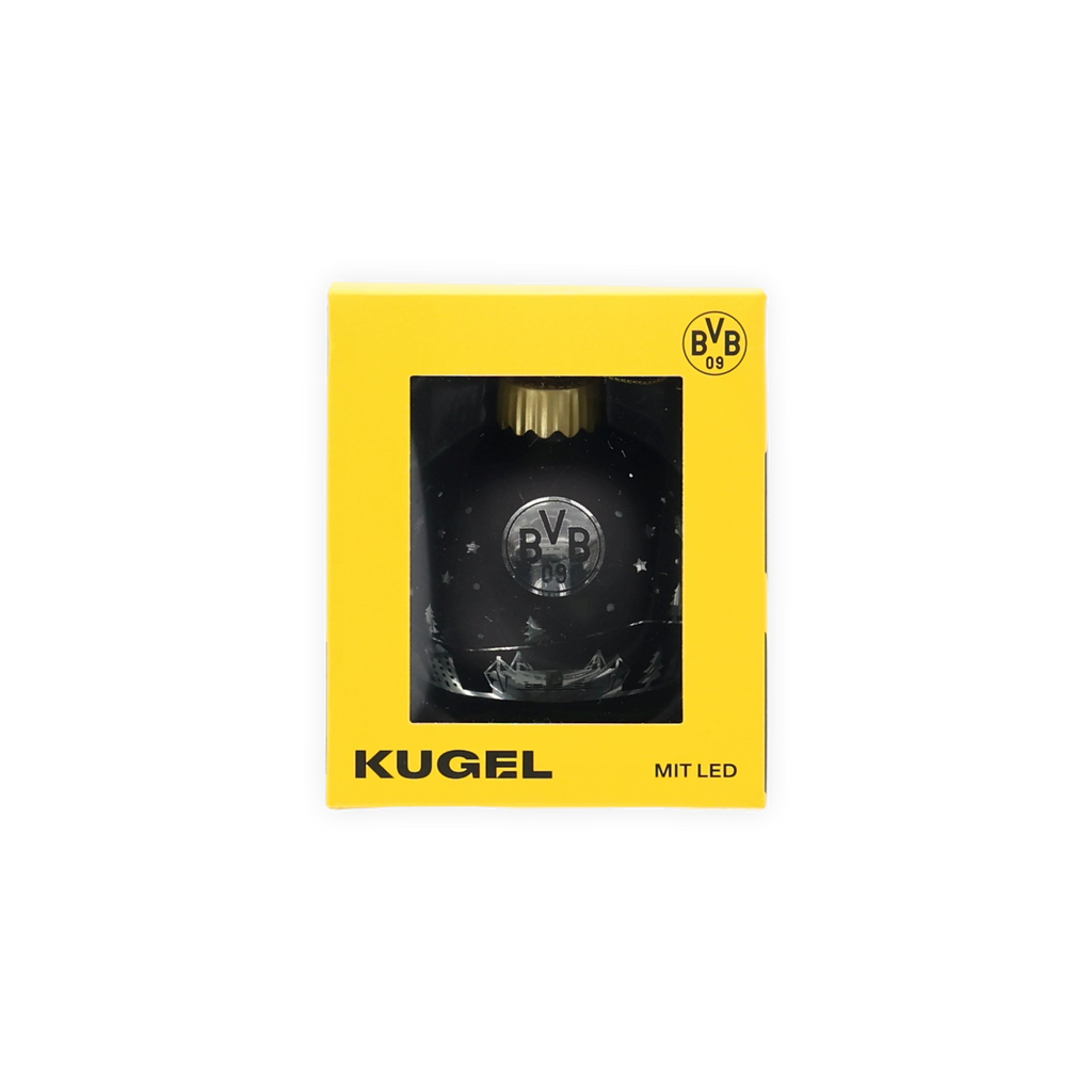 Schwarzgelbe BVB Weihnachtskugel mit LED-Beleuchtung in dekorativer gelber Verpackung, passend als Fanartikel oder Weihnachtsdekoration.