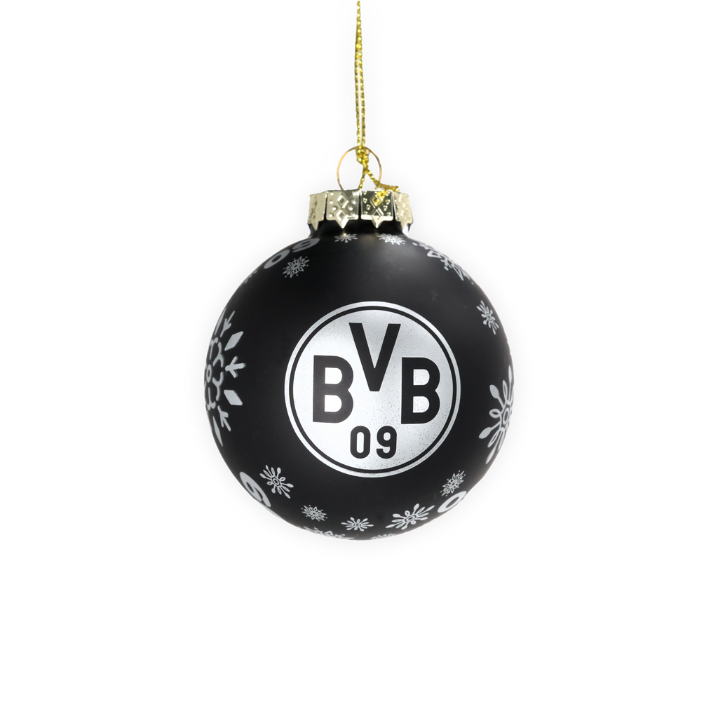 黑色圣诞球，饰有雪花图案和醒目的白色多特蒙德（BVB）标志，非常适合用于展现黑黄配色的多特蒙德风格装饰