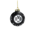 黑色圣诞球，饰有雪花图案和醒目的白色多特蒙德（BVB）标志，非常适合用于展现黑黄配色的多特蒙德风格装饰