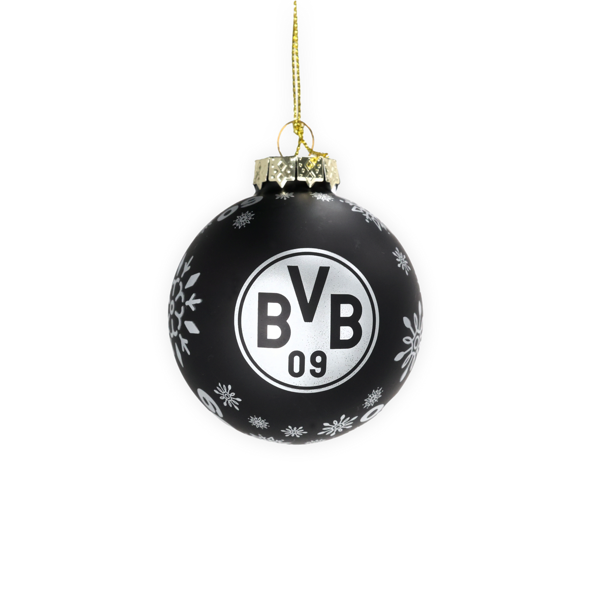 黑色圣诞球，饰有雪花图案和醒目的白色多特蒙德（BVB）标志，非常适合用于展现黑黄配色的多特蒙德风格装饰